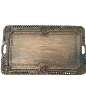 Vintage Indian Hand Carved Wooden Serving Tray or Tea Tray Ornate Design